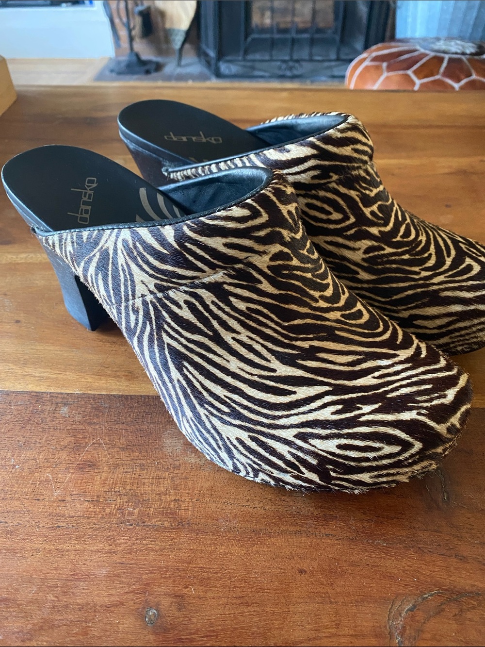 Dansko Zebra-Print Pony Hair Clog Mules in Brown and Cream